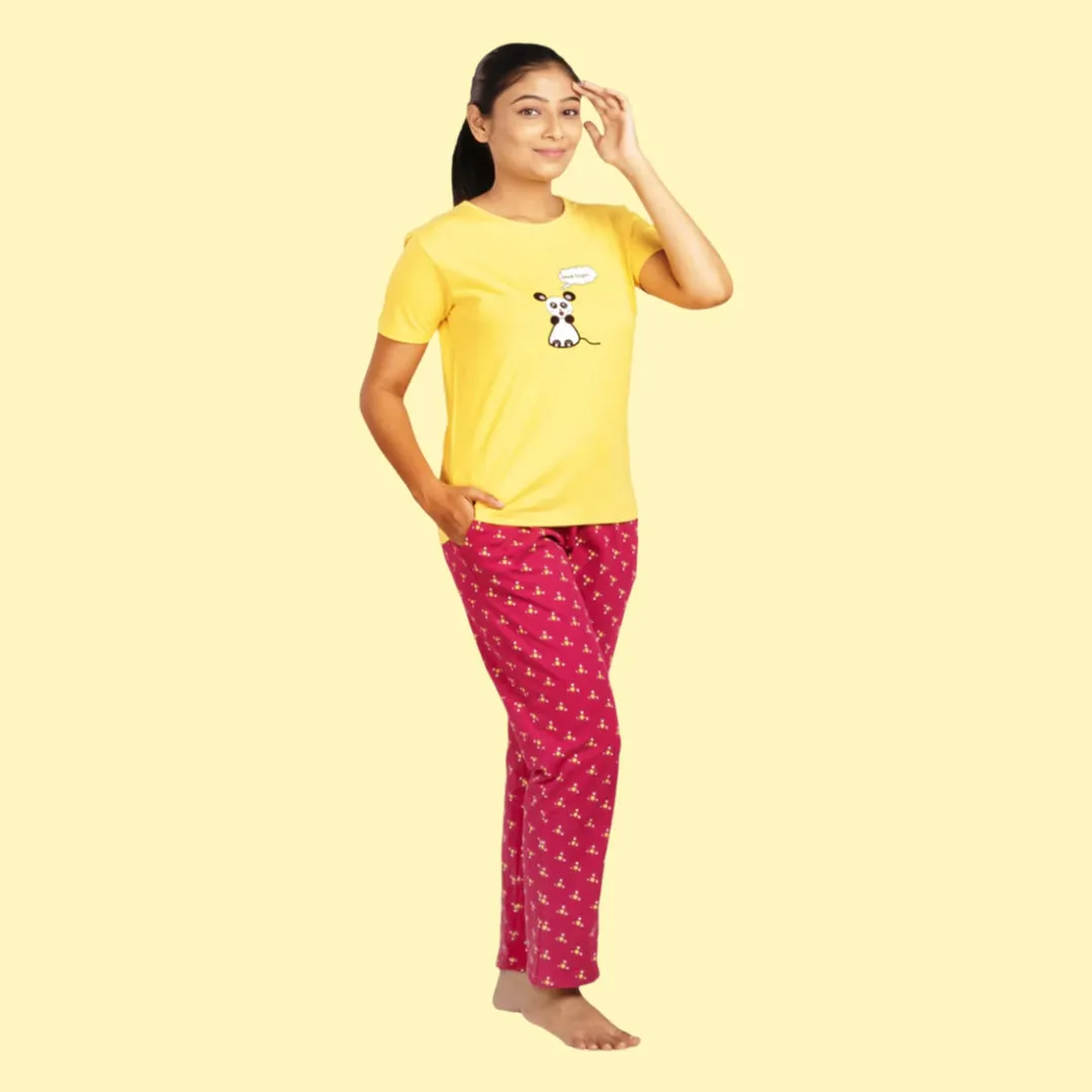 Cotton Night Suit Pajama Set - Yellow & Maroon