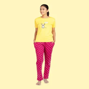 Cotton Night Suit Pajama Set - Yellow & Maroon