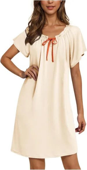 Cotton Nightgowns for Women Loose Ruffle Laceup Front Nightshirt Short Sleeve Soft Sleepwear 2025 Summer Pajamas Dress