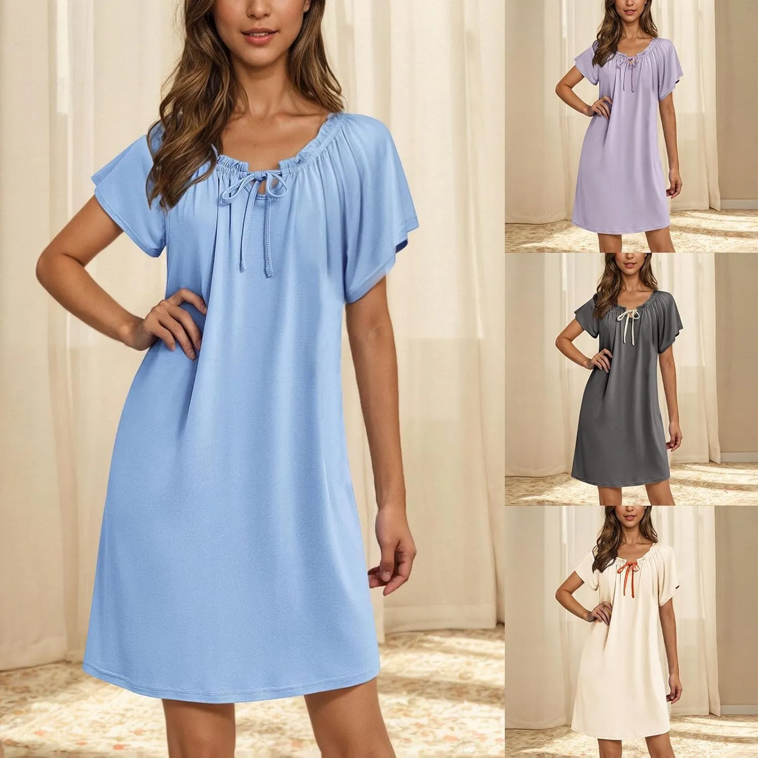 Cotton Nightgowns for Women Loose Ruffle Laceup Front Nightshirt Short Sleeve Soft Sleepwear 2025 Summer Pajamas Dress
