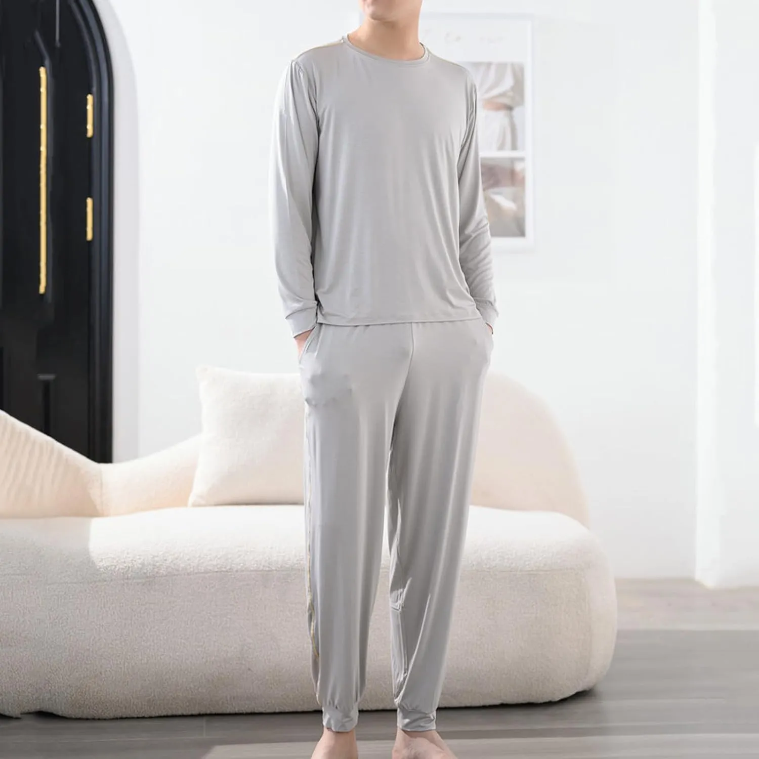 Cotton Pajamas for Men Long Sleeve Sleep Shirts and Stretch Pants Pajama Sets Comfy Loose Lounge Nightwear Sets