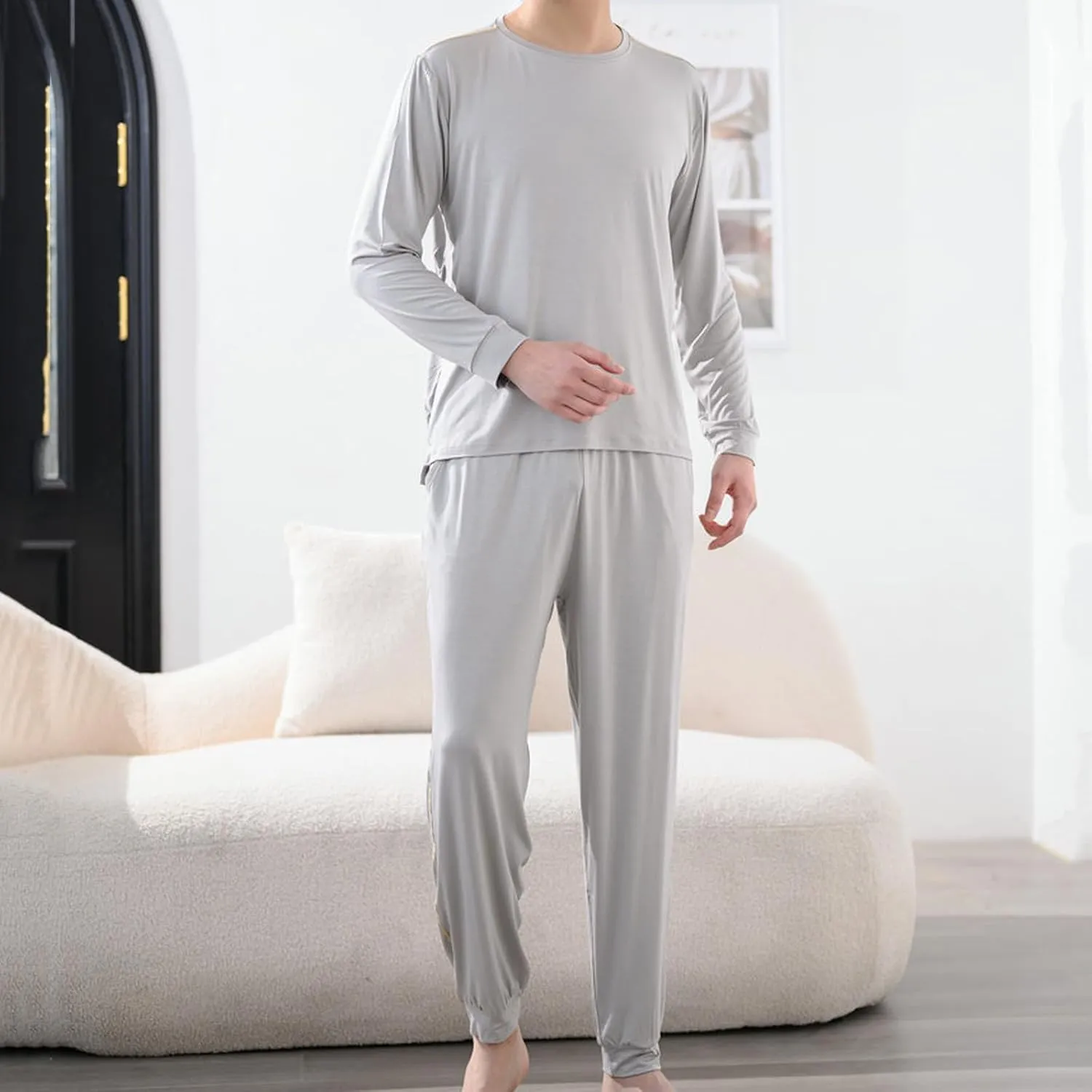Cotton Pajamas for Men Long Sleeve Sleep Shirts and Stretch Pants Pajama Sets Comfy Loose Lounge Nightwear Sets
