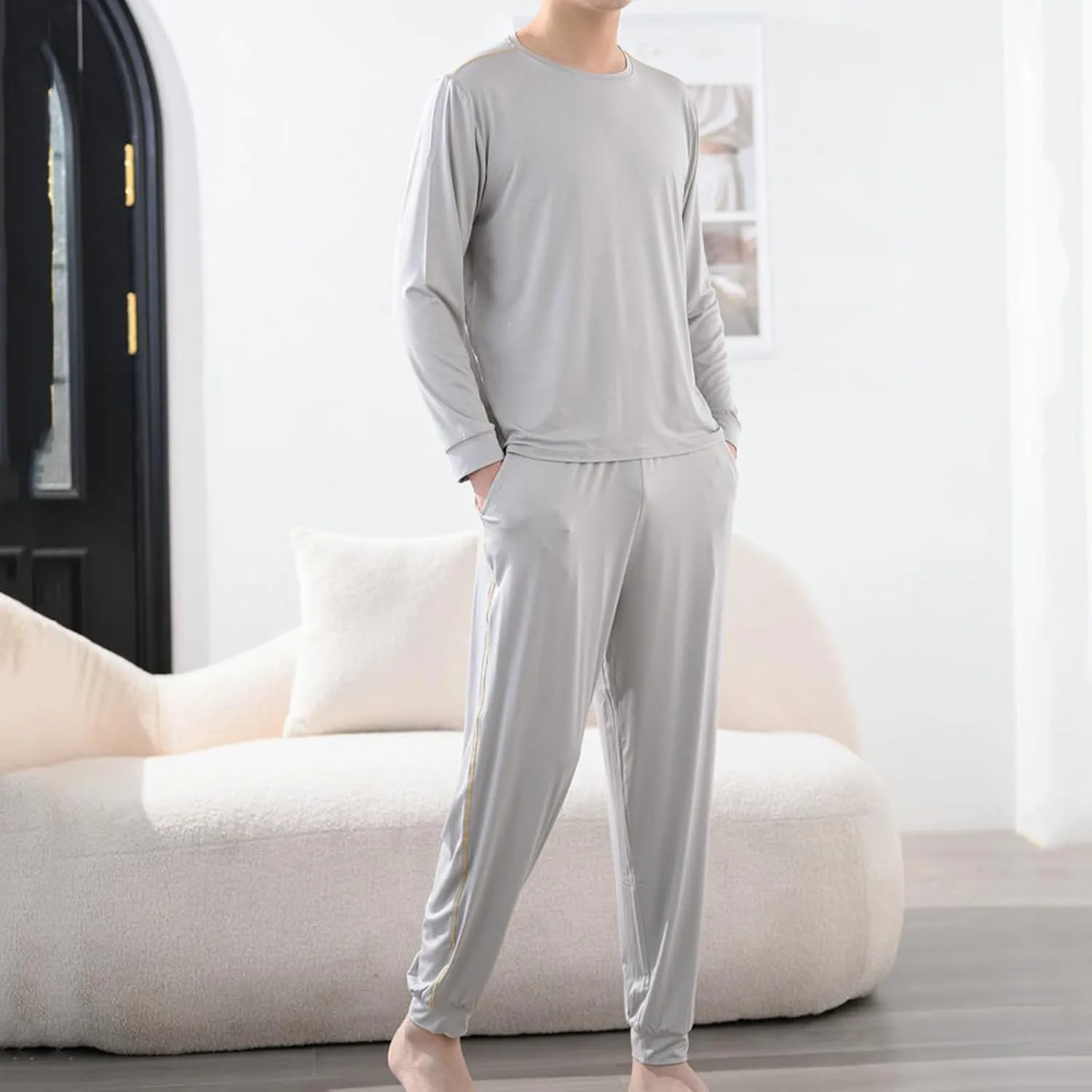Cotton Pajamas for Men Long Sleeve Sleep Shirts and Stretch Pants Pajama Sets Comfy Loose Lounge Nightwear Sets