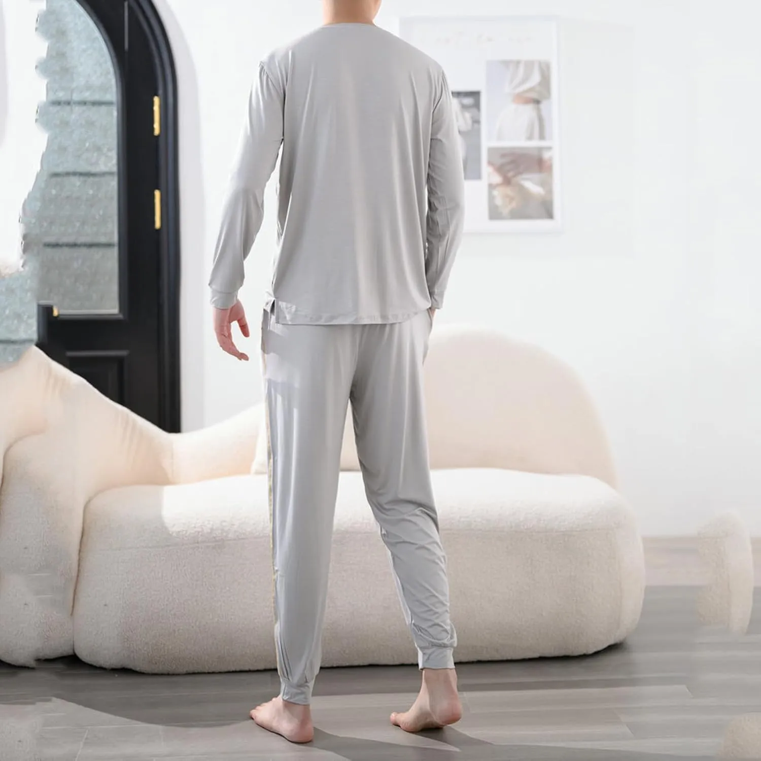 Cotton Pajamas for Men Long Sleeve Sleep Shirts and Stretch Pants Pajama Sets Comfy Loose Lounge Nightwear Sets