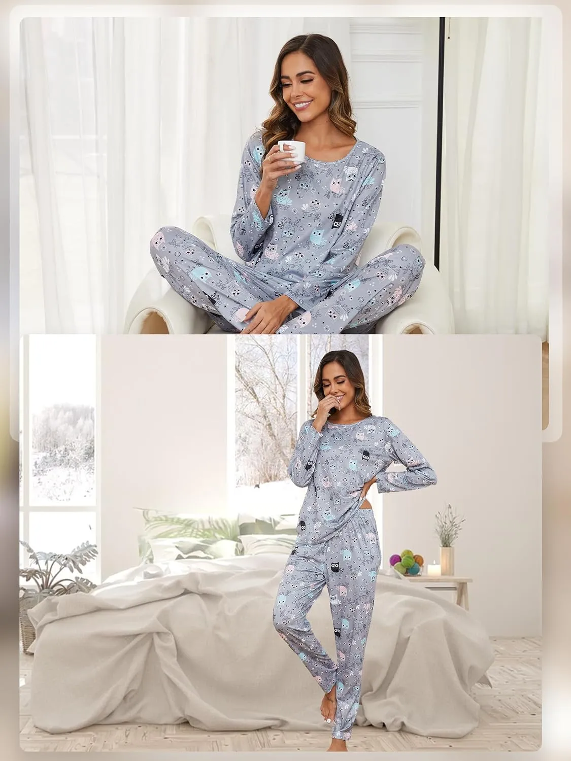 Cotton Pajamas for Women Set Cotton Long Sleeve Pajamas Printed Sets Pants ladies Pjs Sets with Pockets