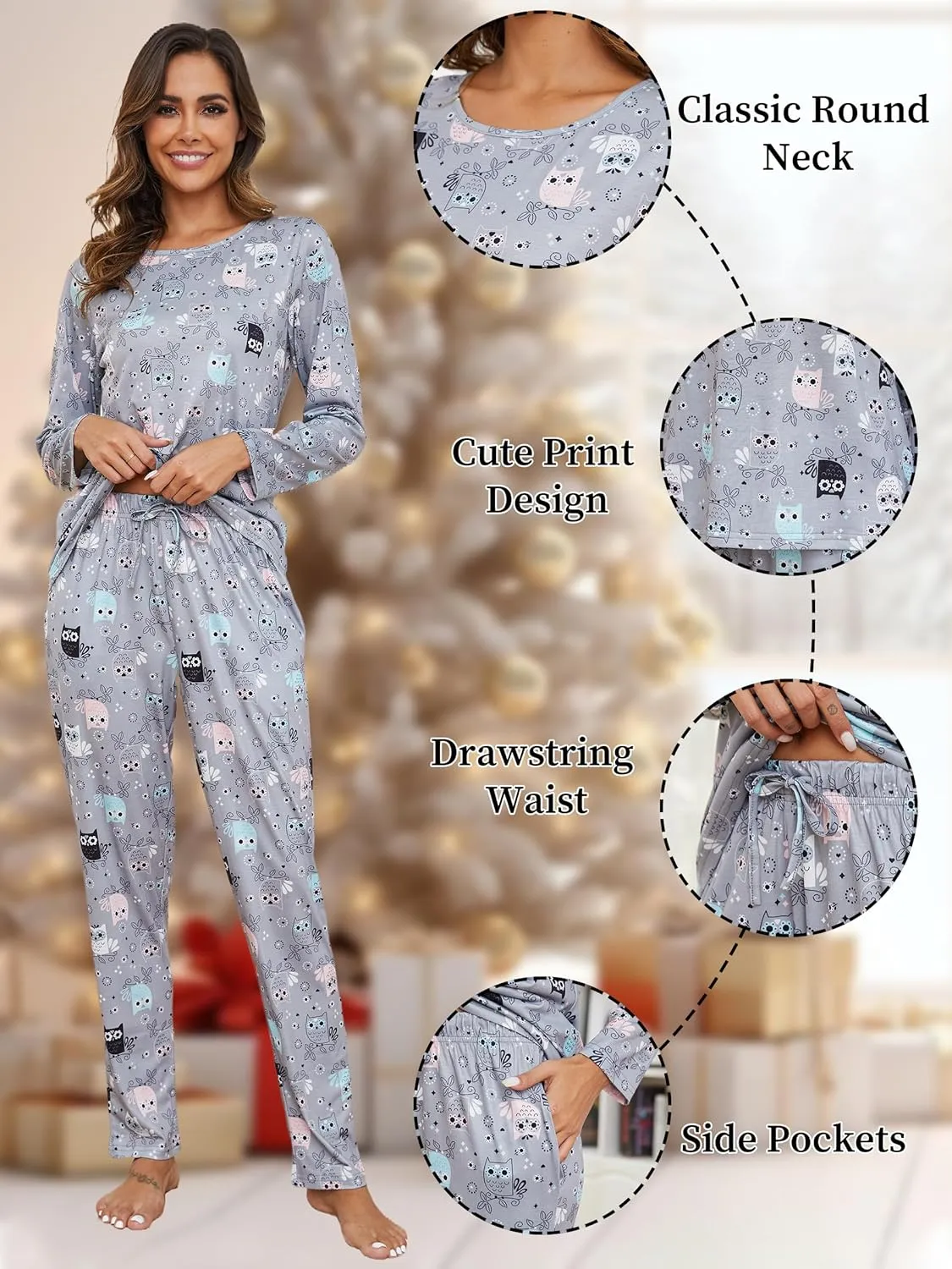 Cotton Pajamas for Women Set Cotton Long Sleeve Pajamas Printed Sets Pants ladies Pjs Sets with Pockets