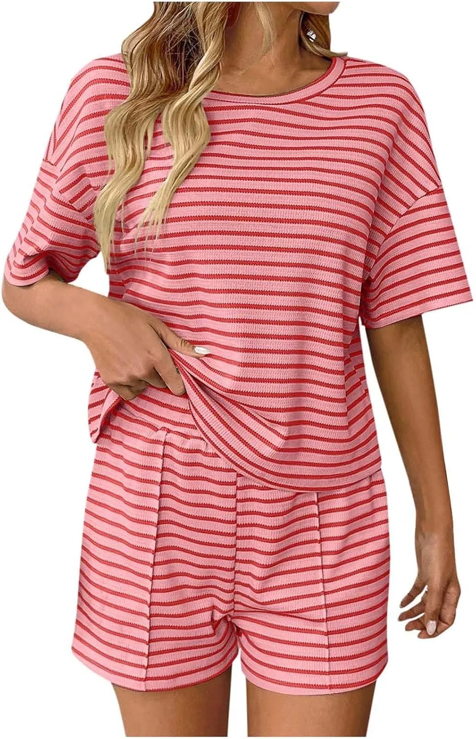 Cotton Pajamas for Women Short Sleeve Pjs Sets Crewneck Striped Tops and Shorts 2 Piece Lounge Sets Soft Sleepwear