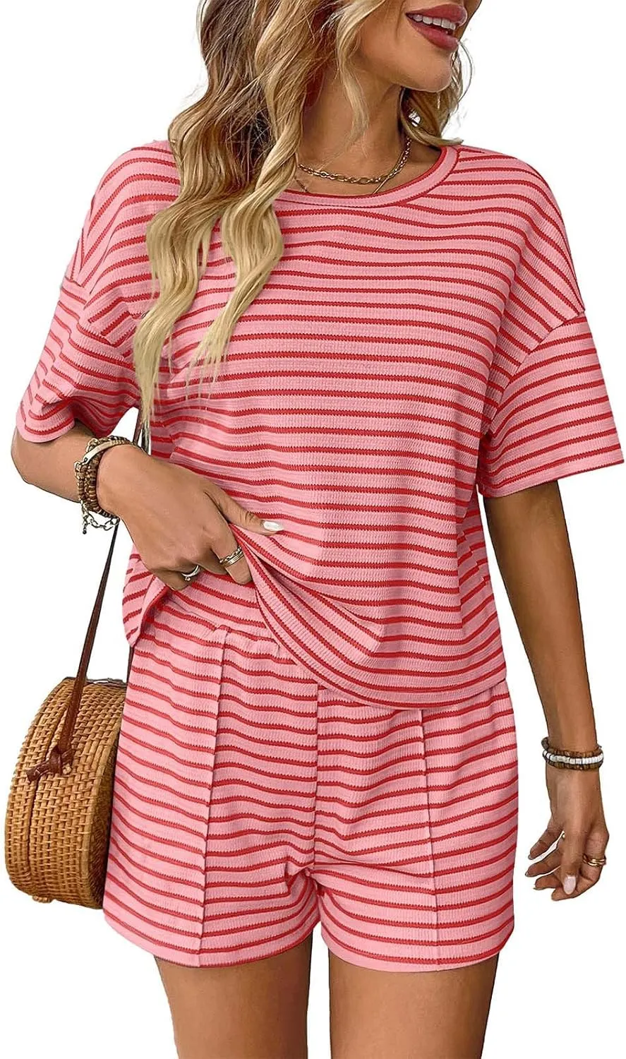 Cotton Pajamas for Women Short Sleeve Pjs Sets Crewneck Striped Tops and Shorts 2 Piece Lounge Sets Soft Sleepwear