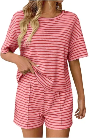 Cotton Pajamas for Women Short Sleeve Pjs Sets Crewneck Striped Tops and Shorts 2 Piece Lounge Sets Soft Sleepwear
