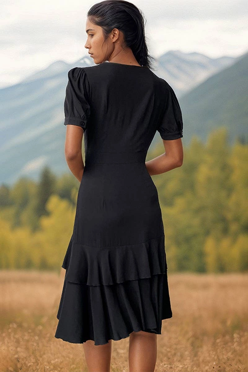 Vacation Outfit Korean Mood BUTTON SOLID COLOR IRREGULAR RUFFLED SLIM DRESS_CWDSD2903