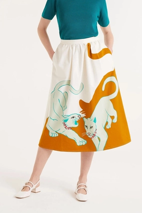 Cotton Midi Skirt in Jungle Print Abstract Motif