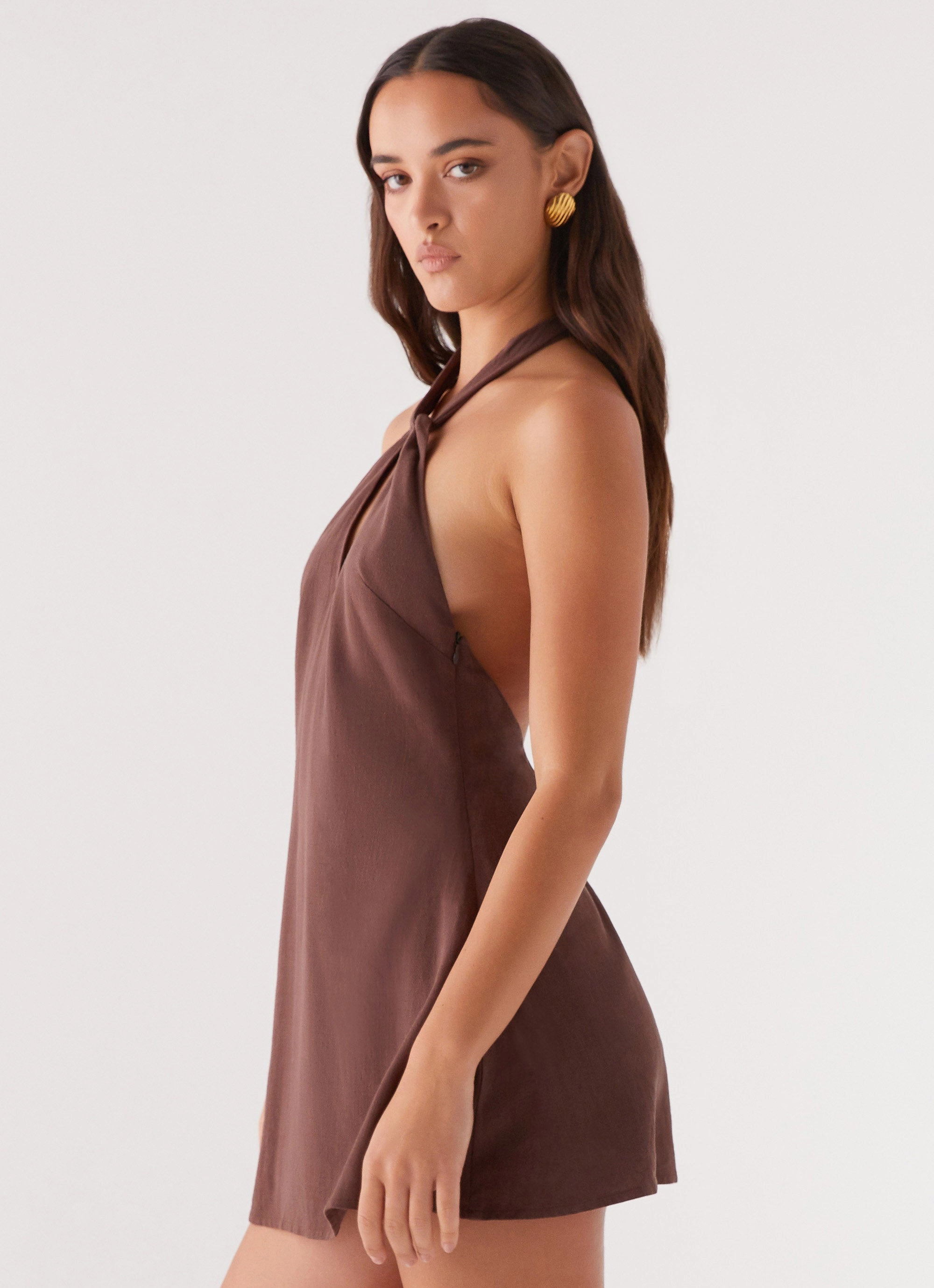 Elegant formal piece Refined Finish Counting Stars Linen Halterneck Dress - Chocolate