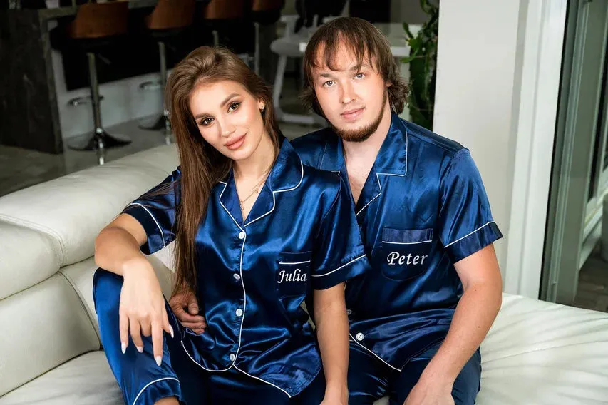 Couple matching Personalized Mr & Mrs Satin Honeymoon Pajamas - Short   Long
