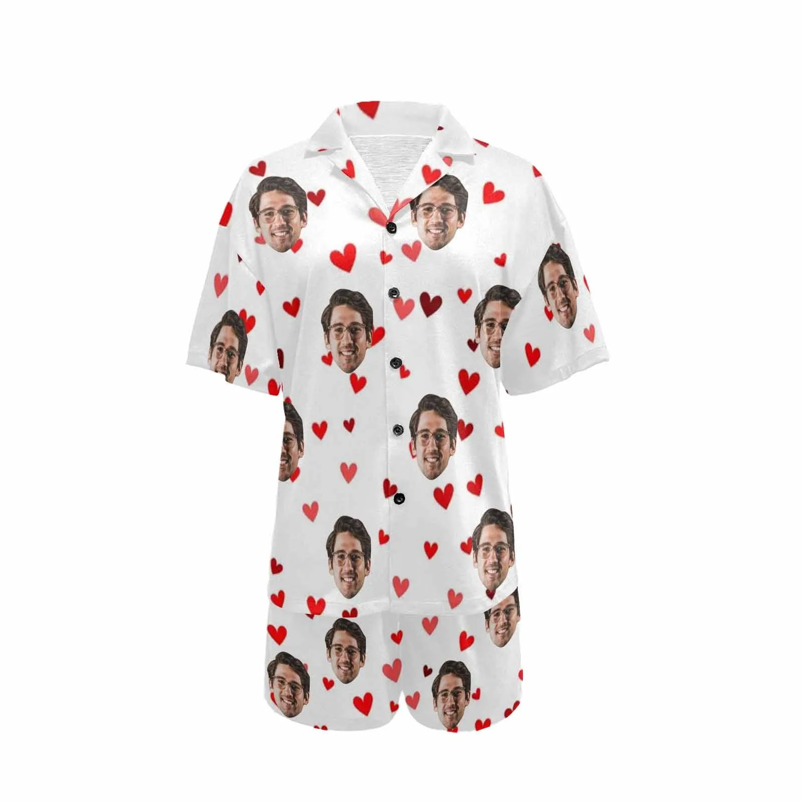 [Couple Pajamas] Custom Face Pajamas Red Love Summer Loungewear Personalized Couple Matching V-Neck Short Pajama Set