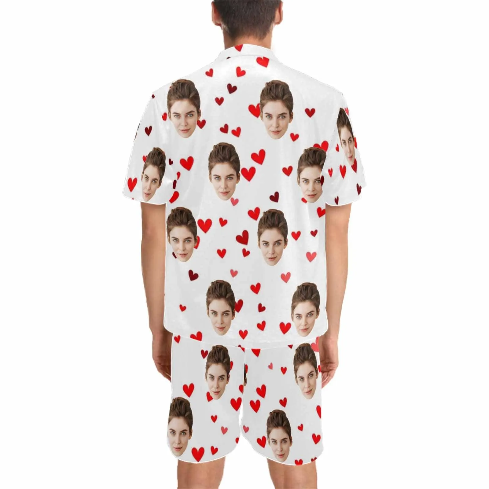 [Couple Pajamas] Custom Face Pajamas Red Love Summer Loungewear Personalized Couple Matching V-Neck Short Pajama Set