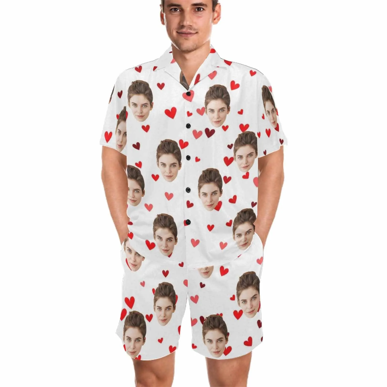 [Couple Pajamas] Custom Face Pajamas Red Love Summer Loungewear Personalized Couple Matching V-Neck Short Pajama Set