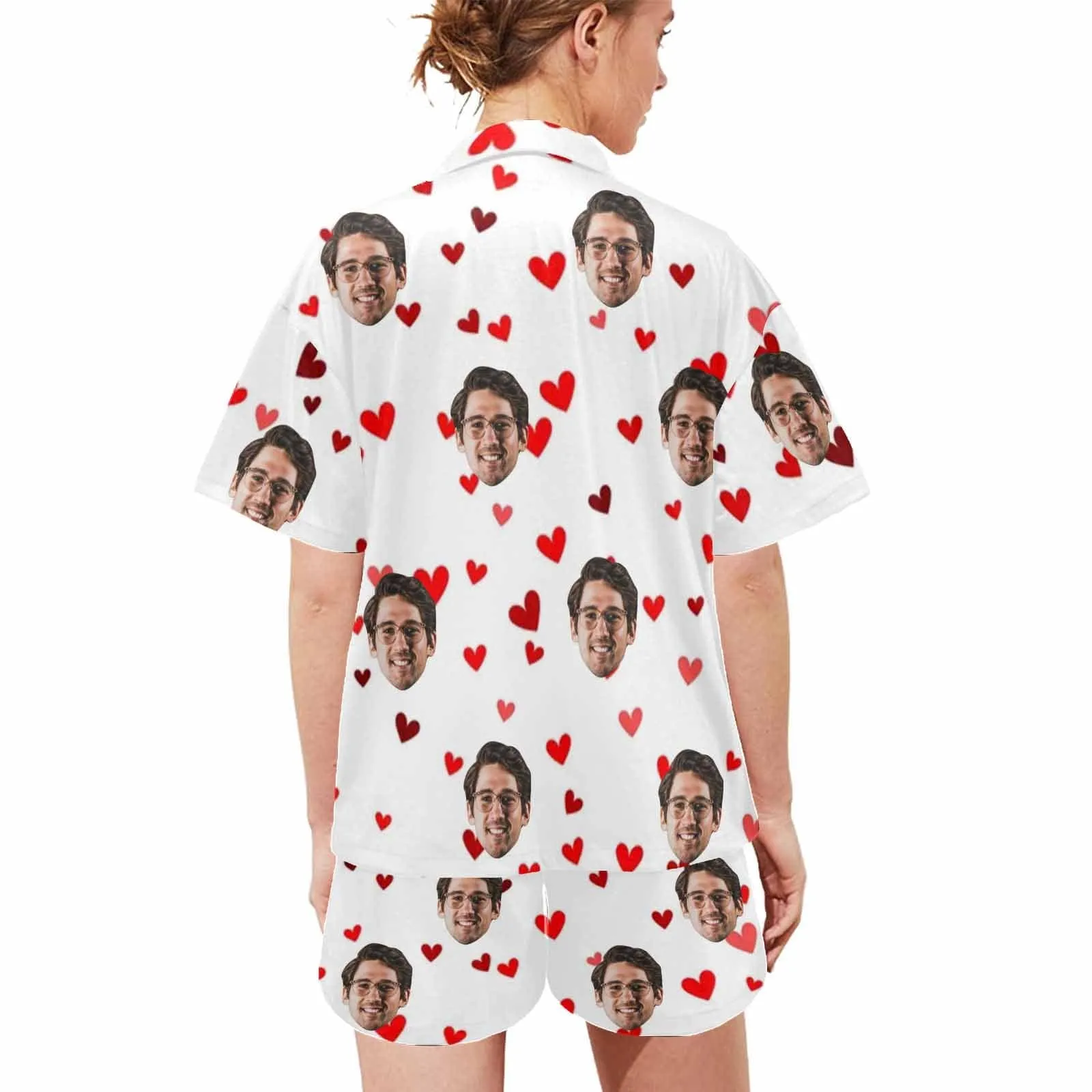 [Couple Pajamas] Custom Face Pajamas Red Love Summer Loungewear Personalized Couple Matching V-Neck Short Pajama Set