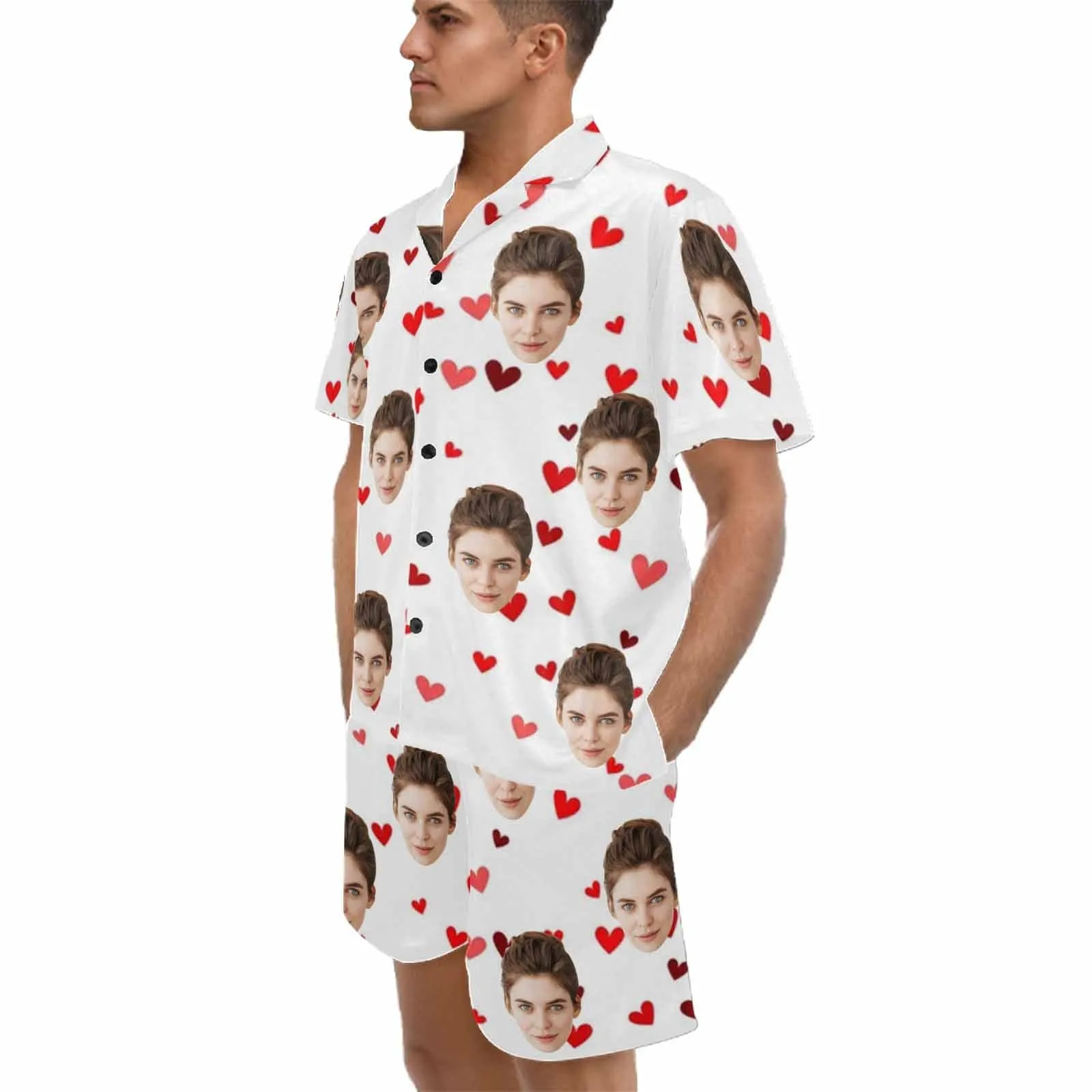 [Couple Pajamas] Custom Face Pajamas Red Love Summer Loungewear Personalized Couple Matching V-Neck Short Pajama Set
