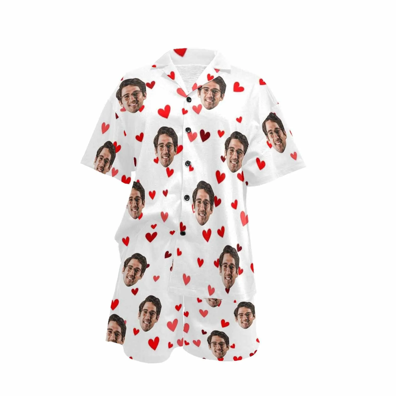 [Couple Pajamas] Custom Face Pajamas Red Love Summer Loungewear Personalized Couple Matching V-Neck Short Pajama Set