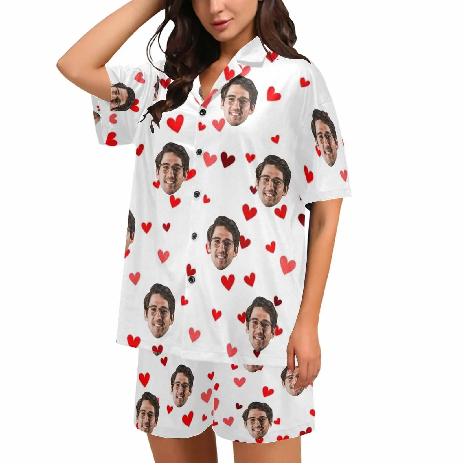 [Couple Pajamas] Custom Face Pajamas Red Love Summer Loungewear Personalized Couple Matching V-Neck Short Pajama Set