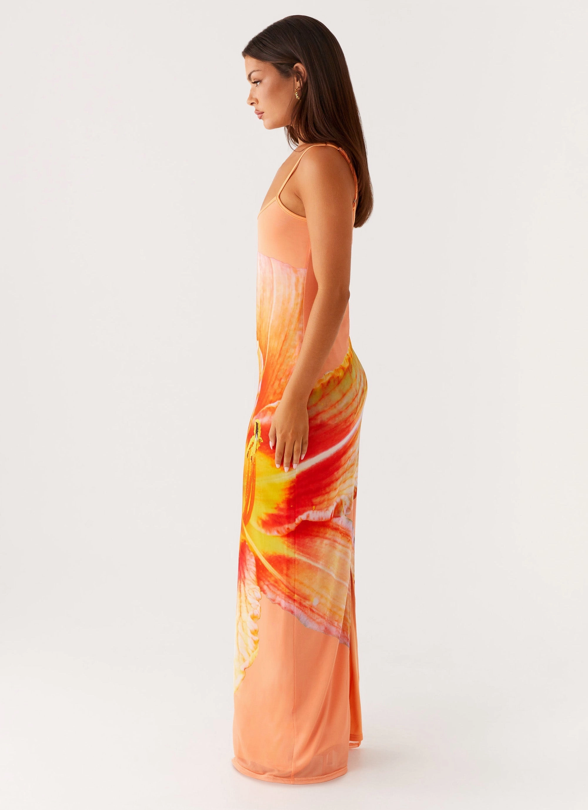 Bad News Mesh Maxi Dress - Orange Floral Chill Moment Balanced Tones
