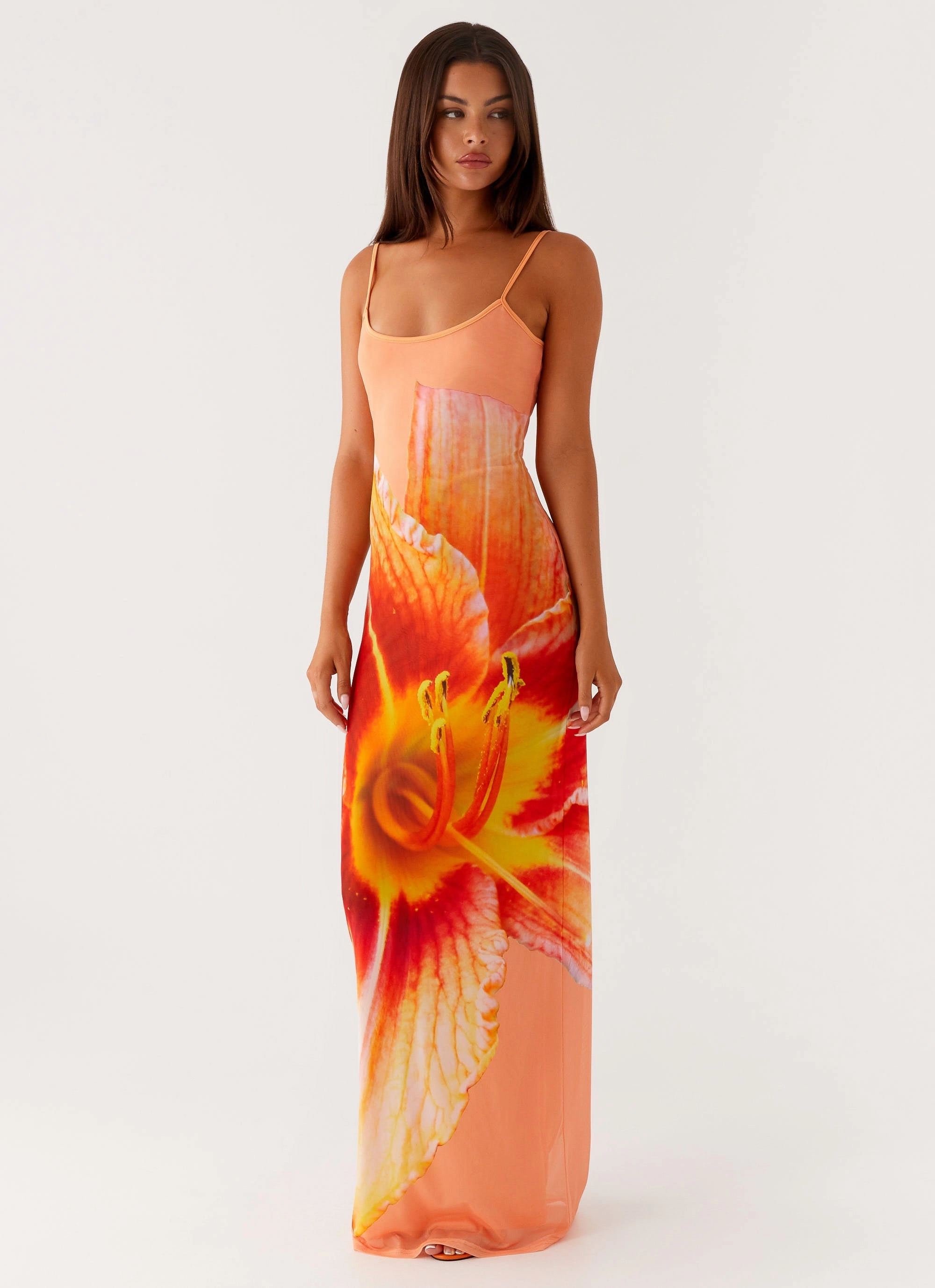 Smart Design Modern Soft Bad News Mesh Maxi Dress - Orange Floral
