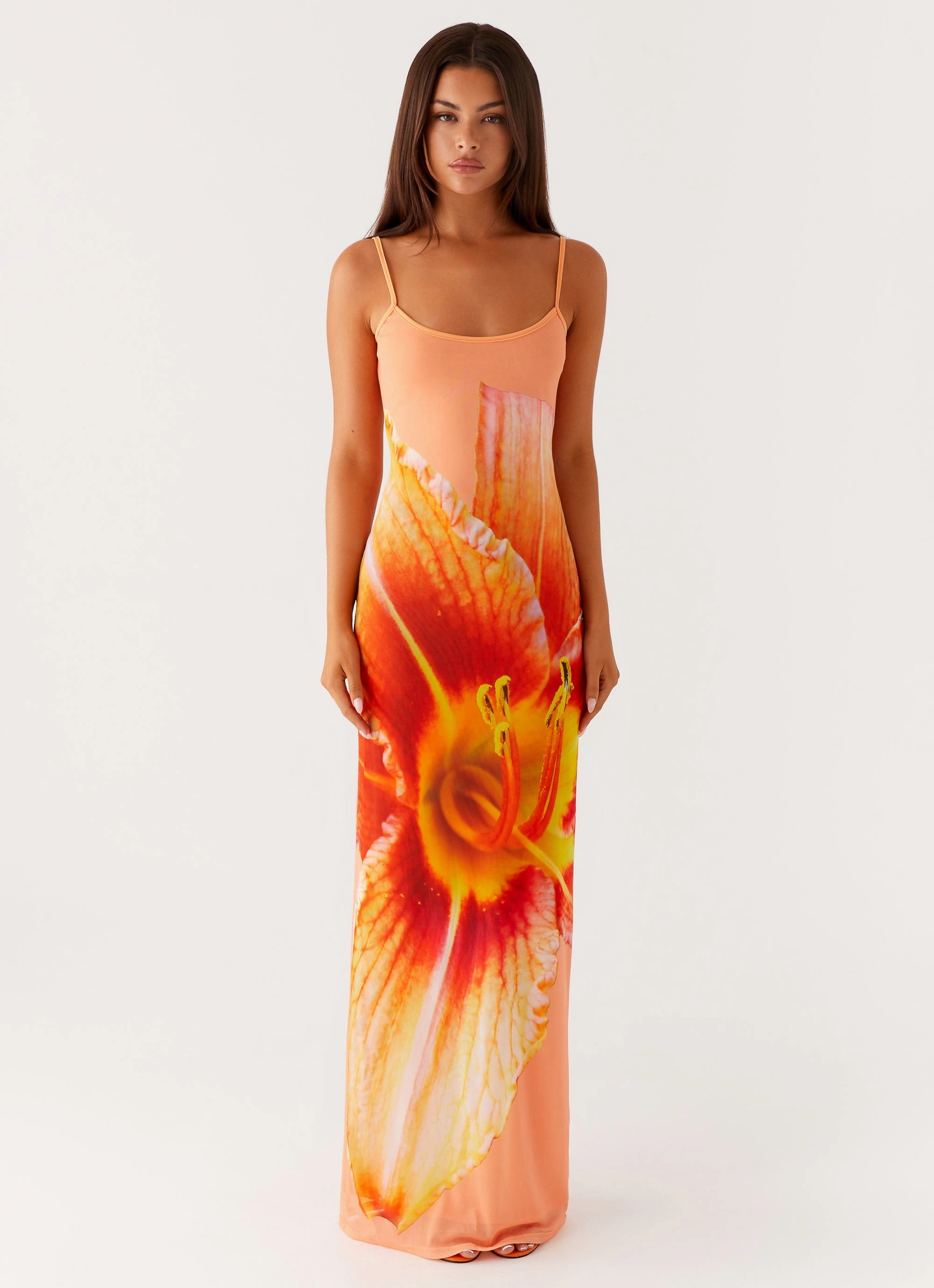 Bad News Mesh Maxi Dress - Orange Floral Casual day-to-night piece