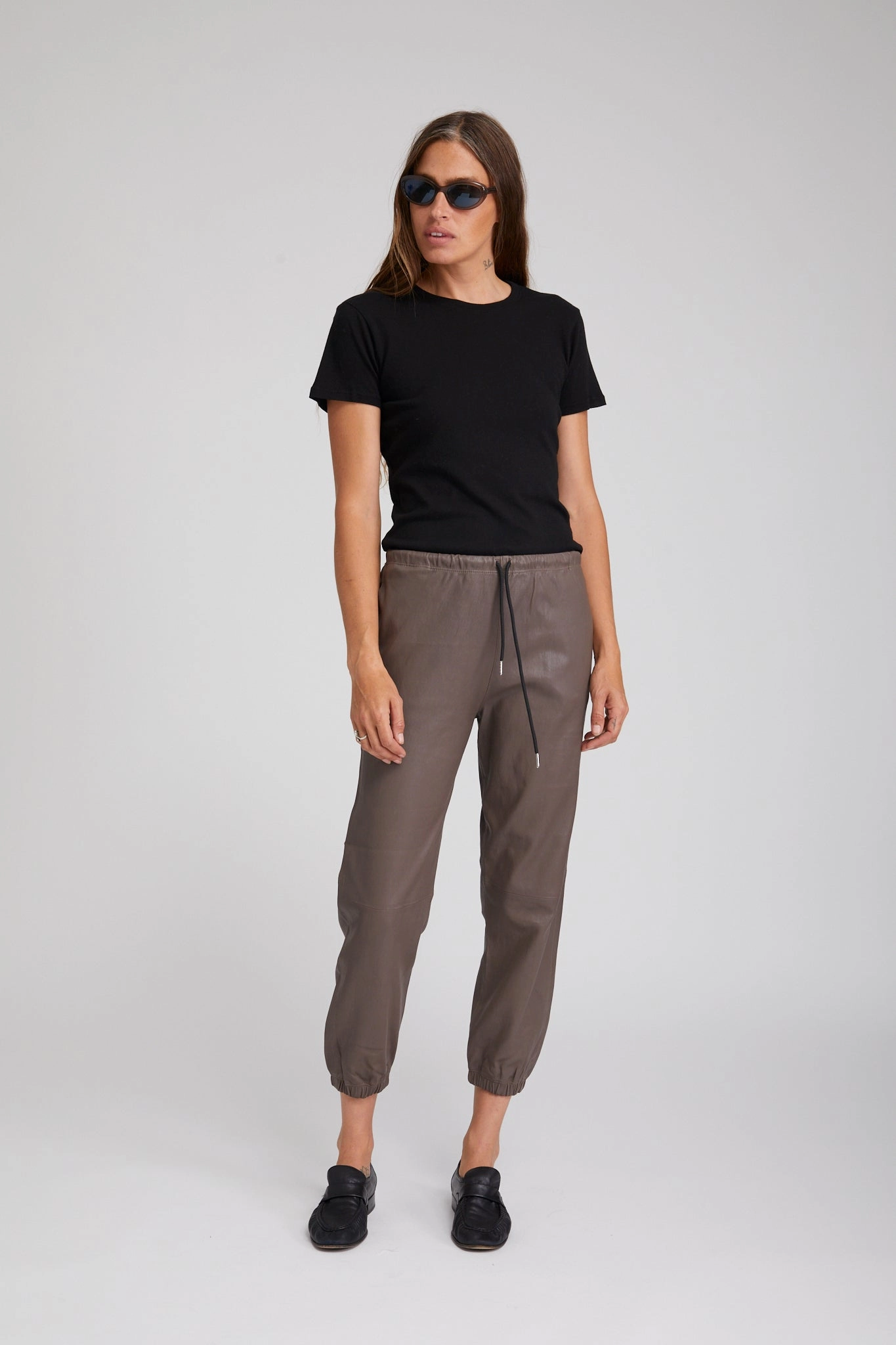 Flexible Waistband Grey Leather Sweatpants