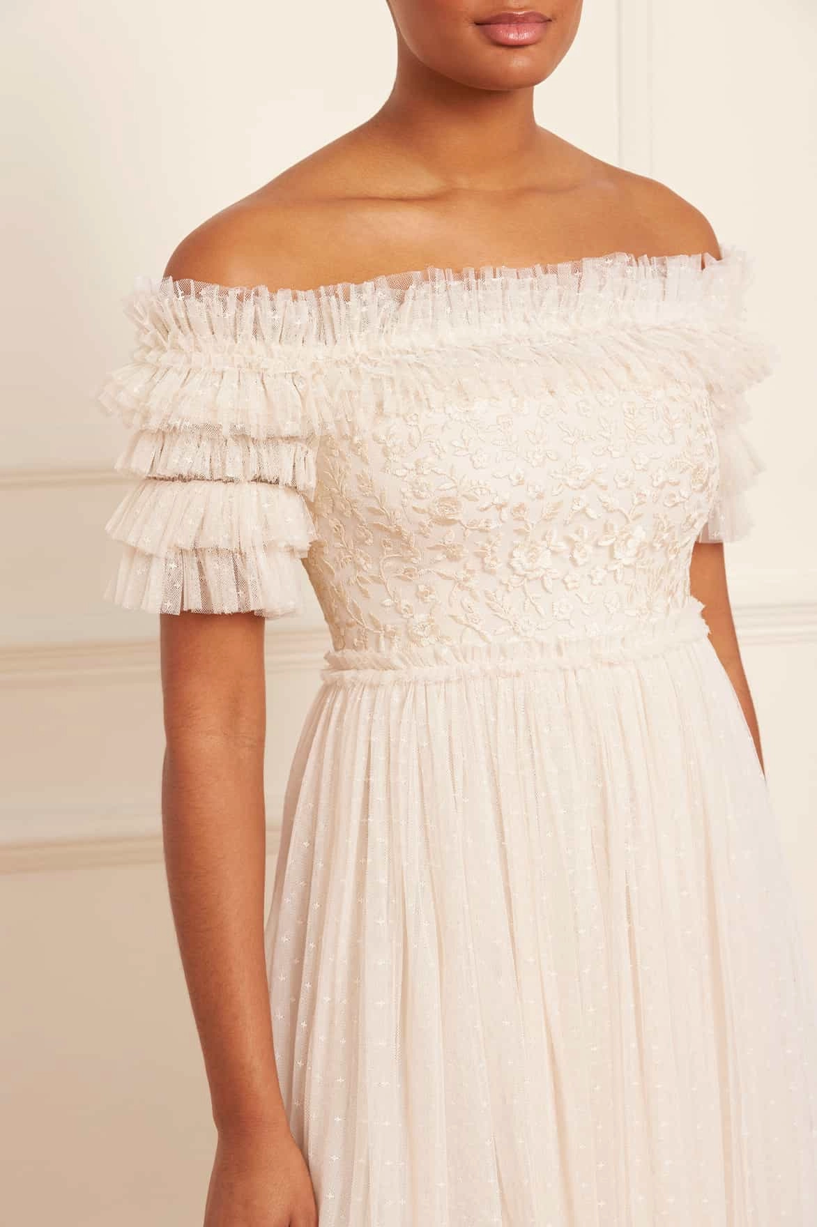 Midsummer Lace Bodice Off-Shoulder Ankle Gown Lounge Style Sleek Volume