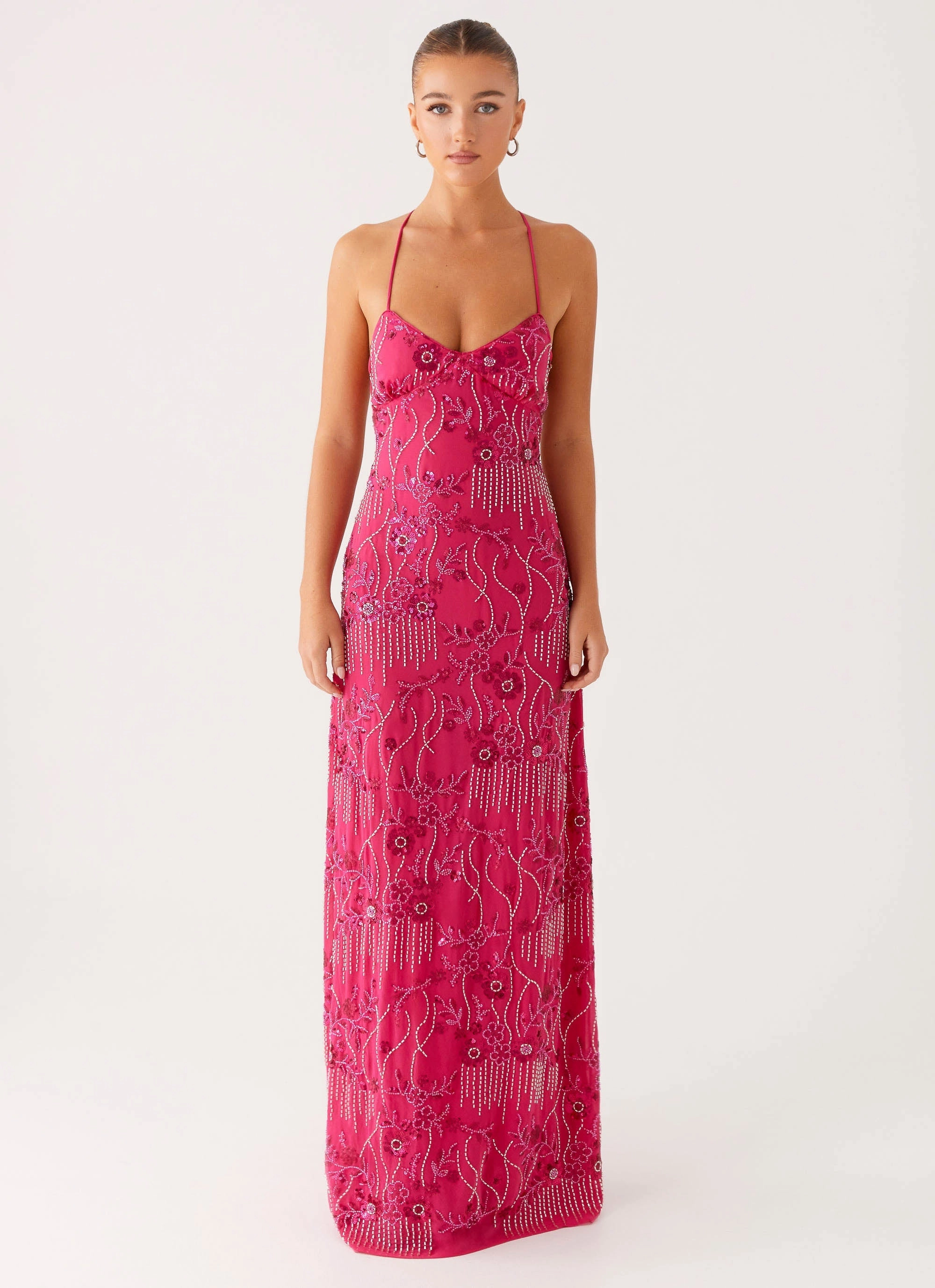 Vietta Sequin Cami Maxi Dress - Fuchsia Raglan-Sleeve