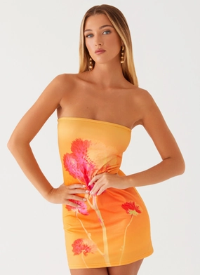 Caroline Mini Dress - Orange Floral Art-Gallery Sculpted Form