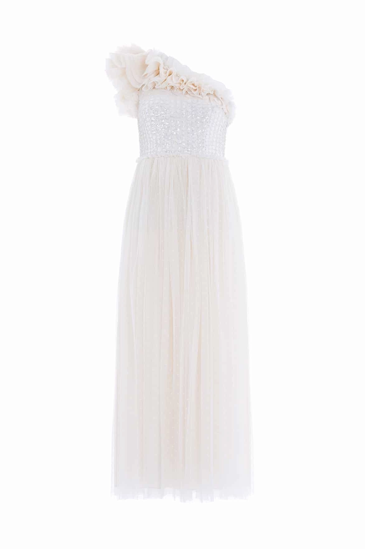 Raindrop Bodice One-Shoulder Ankle Gown Fresh Texture