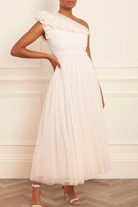 Tailored Layers Raindrop Bodice One-Shoulder Ankle Gown