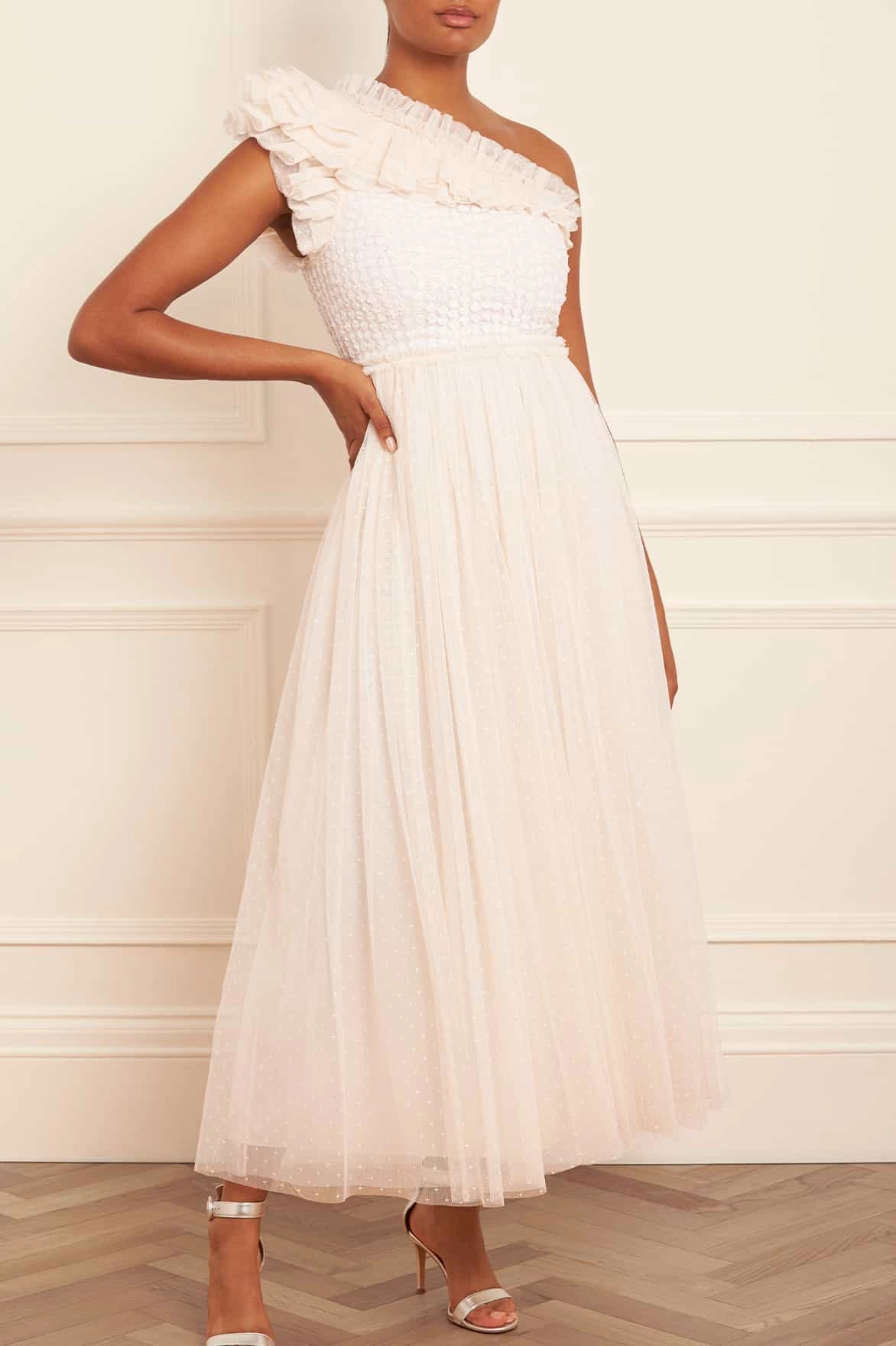 Tailored Layers Raindrop Bodice One-Shoulder Ankle Gown