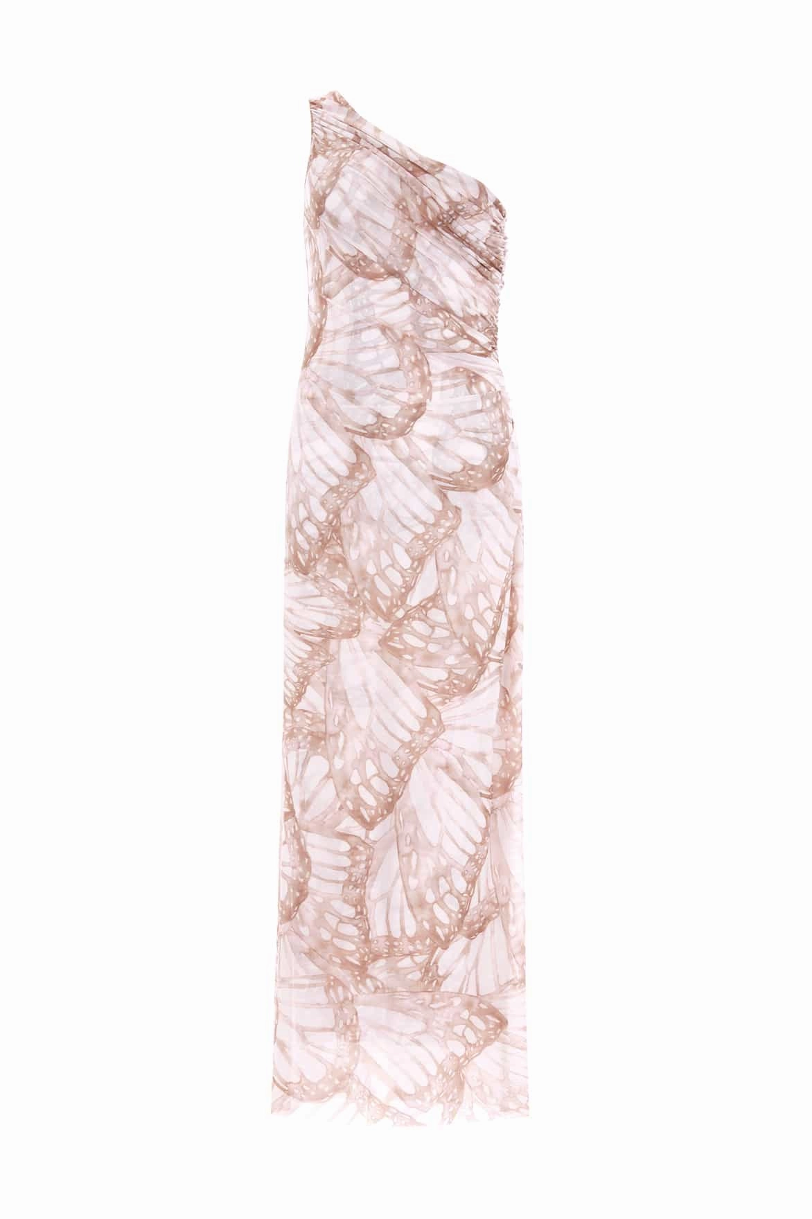 Sheer Light Floral Pattern Flutter Draped One-Shoulder Ankle Gown