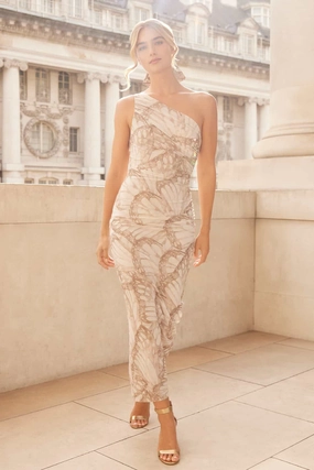 Linen Chic Ombre-Effect Flutter Draped One-Shoulder Ankle Gown