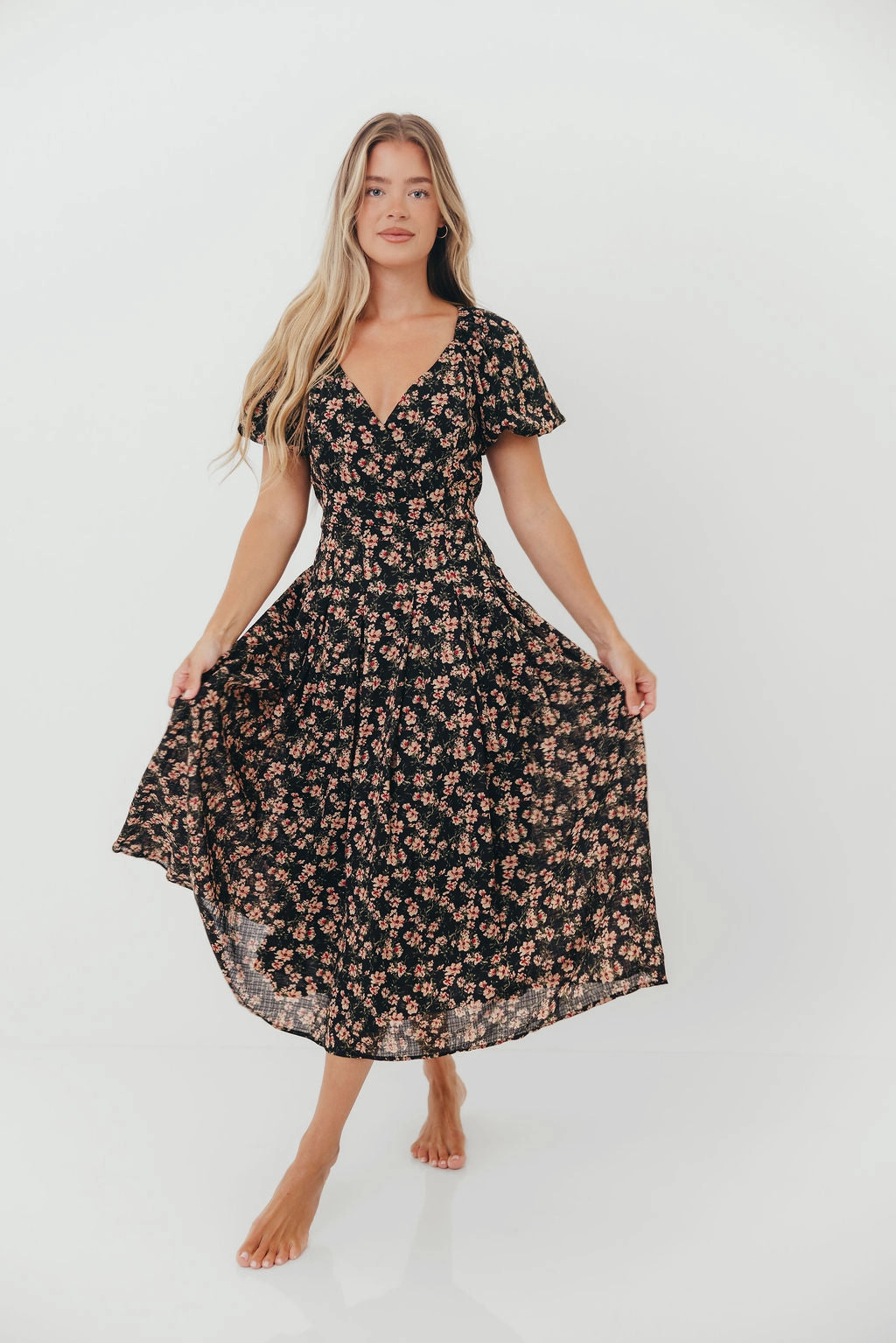 Fashion Fit ElasticWaistband Milania Midi Dress in Black Floral