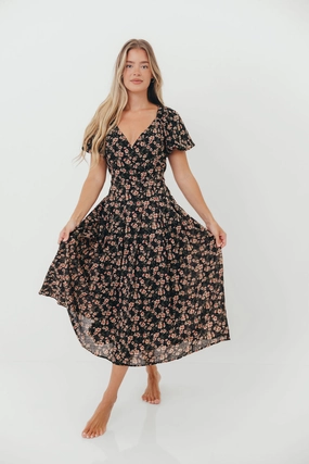 Fashion Fit ElasticWaistband Milania Midi Dress in Black Floral