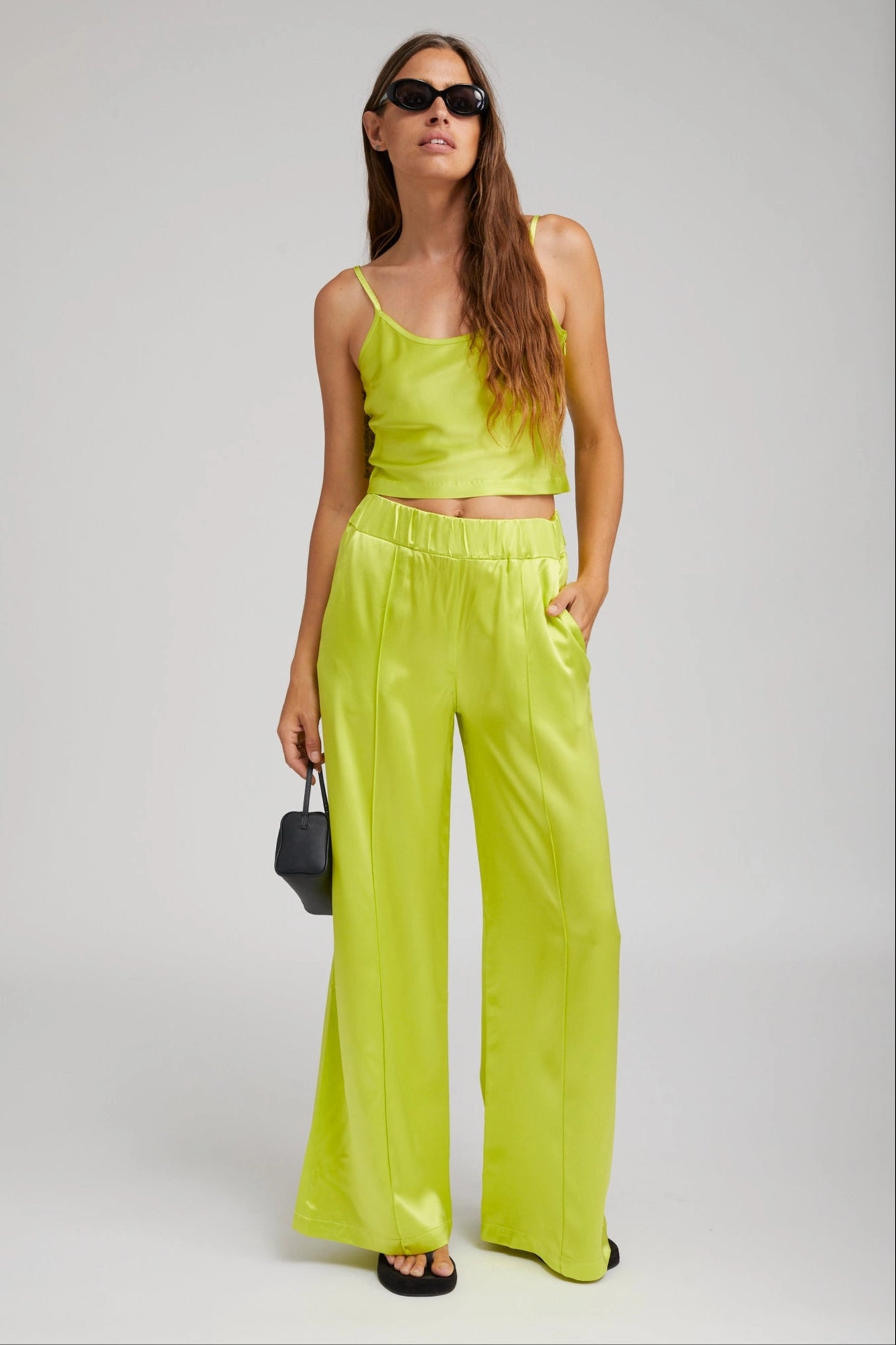 Relaxed Design Sleek Appearance Electric Chartreuse Silk Wide Leg Pintuck Pants
