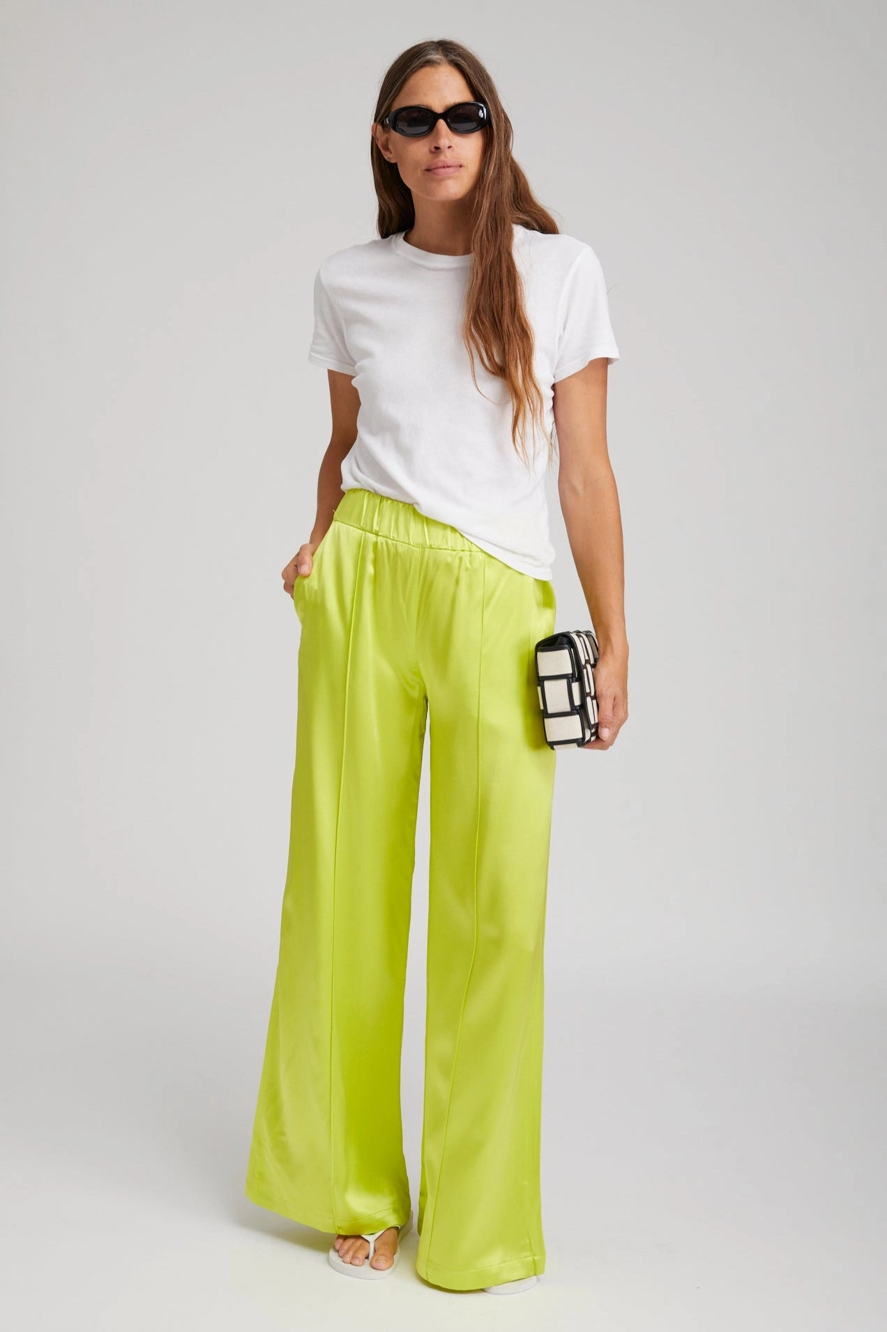 QuickDryTechnology Workout-ready Electric Chartreuse Silk Wide Leg Pintuck Pants