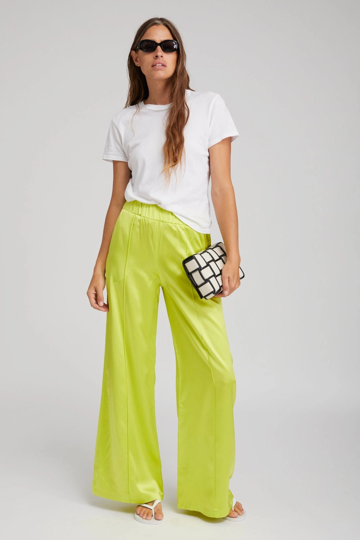 Electric Chartreuse Silk Wide Leg Pintuck Pants High Quality Material