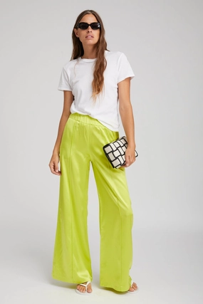 Electric Chartreuse Silk Wide Leg Pintuck Pants High Quality Material