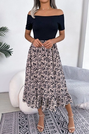 Empire Waist Warm Palette CASUAL FLORAL FLOUNCES MID LENGTH DRESS_CWDSD2506