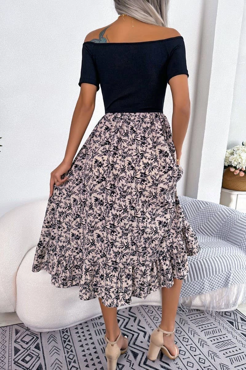CASUAL FLORAL FLOUNCES MID LENGTH DRESS_CWDSD2506 Luxe Touch Minimalist Waistband
