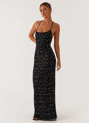 Cressida Rhinestone Mesh Maxi Dress - Black Velvet-Edge cut out