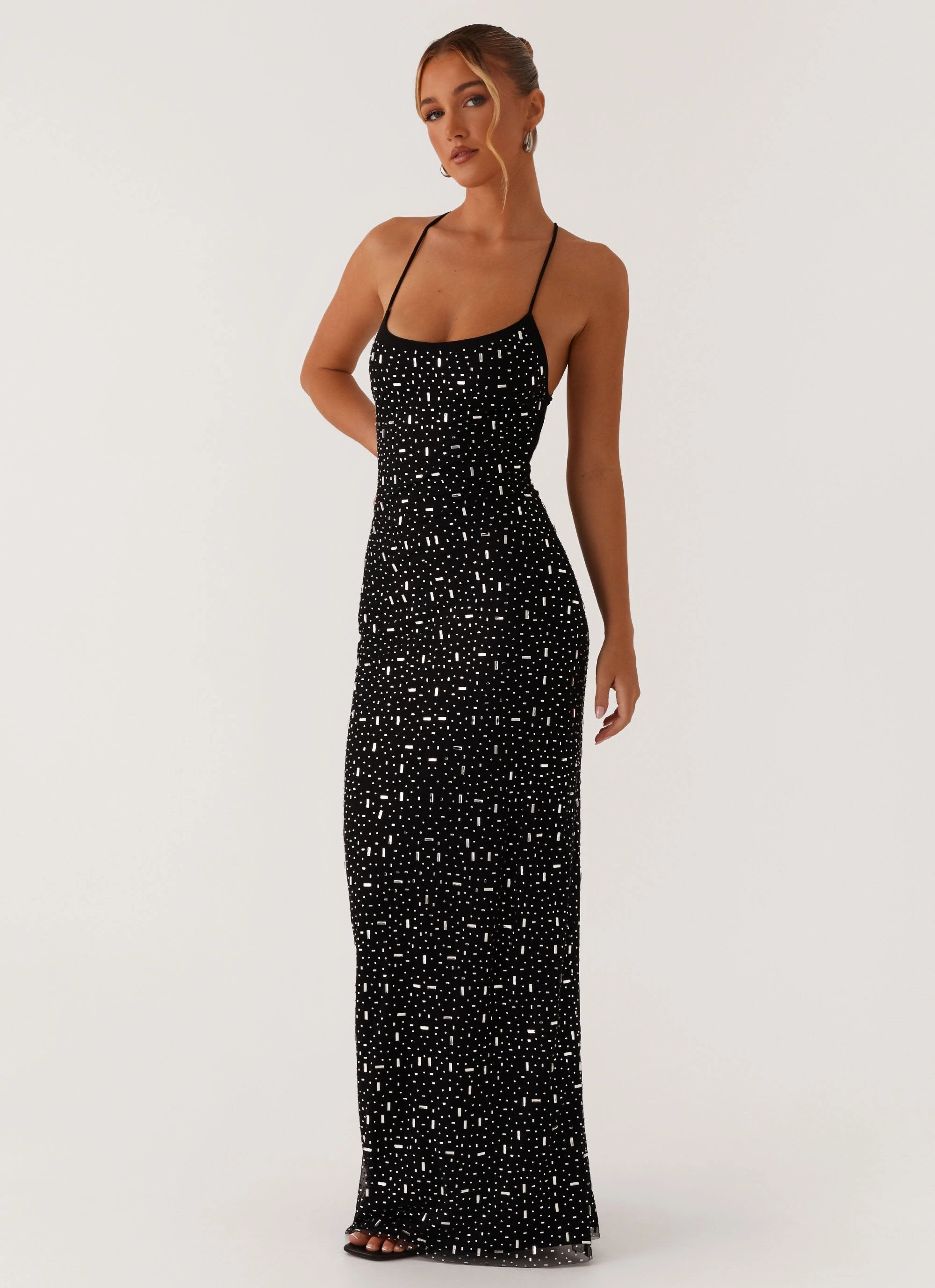 Cressida Rhinestone Mesh Maxi Dress - Black Velvet-Edge cut out