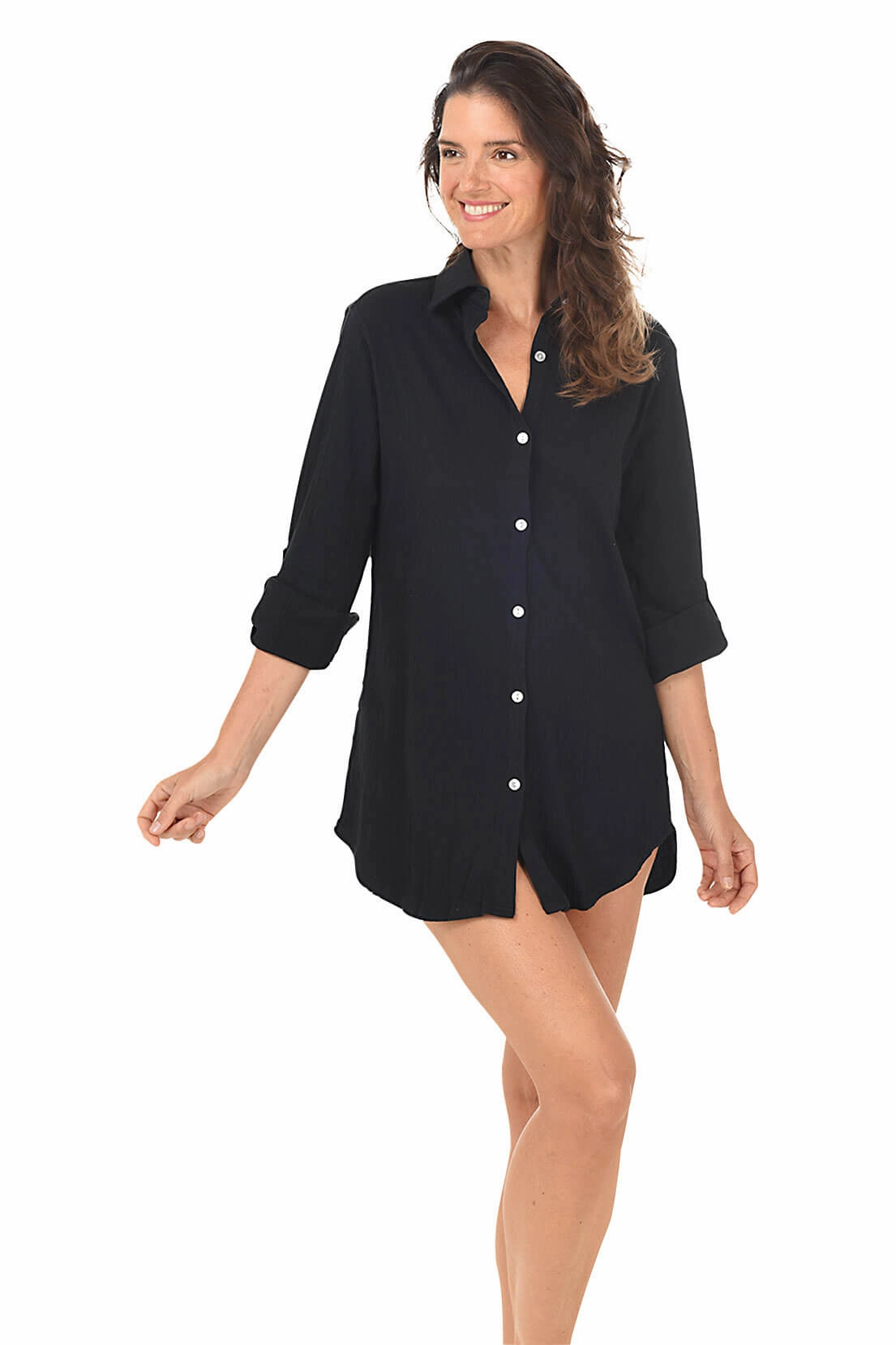 Crinkle Button-Front Shirt Cover-Up Sustainable Textile Stretch Blouse