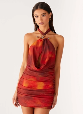 Midnight Ember Mini Dress - Scarlet Blur Flowy summer gown