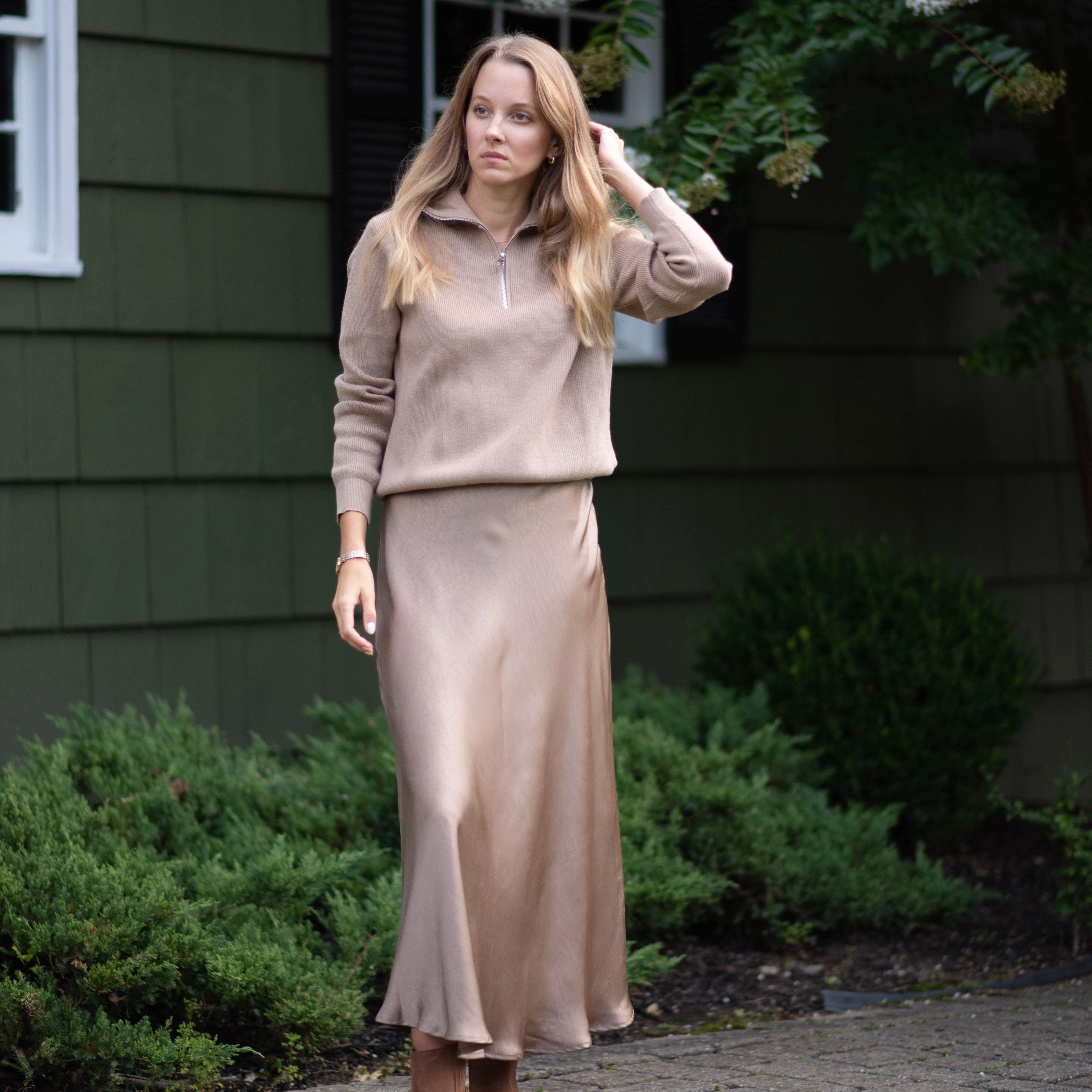 Comfort Waistline Crinkle Slip Skirt | Camel