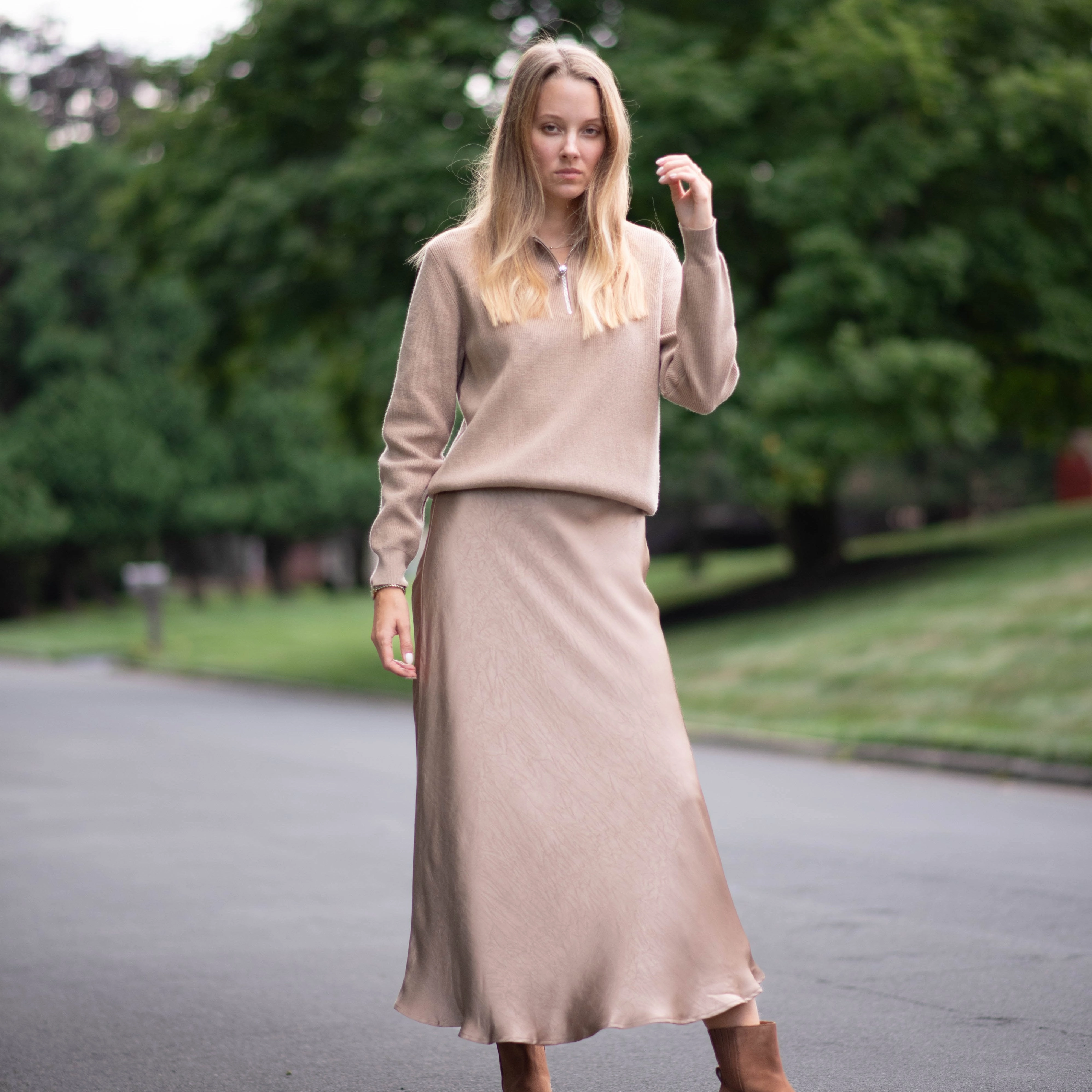 Simple Layer Sporty Edge Crinkle Slip Skirt | Camel